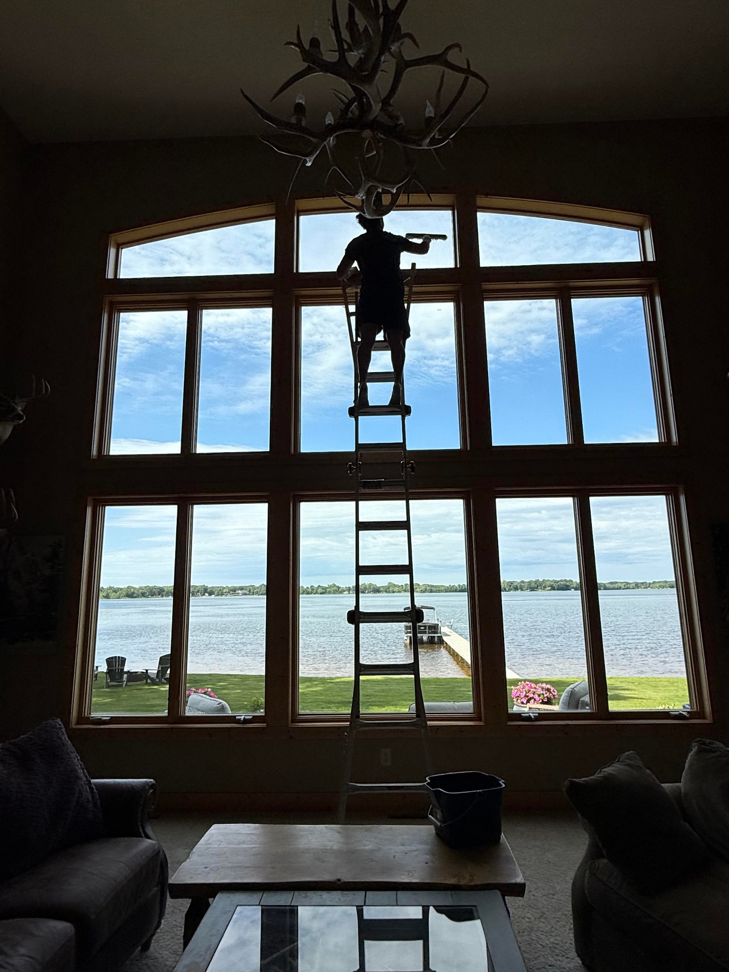 Interior window cleaning of large lakefront windows