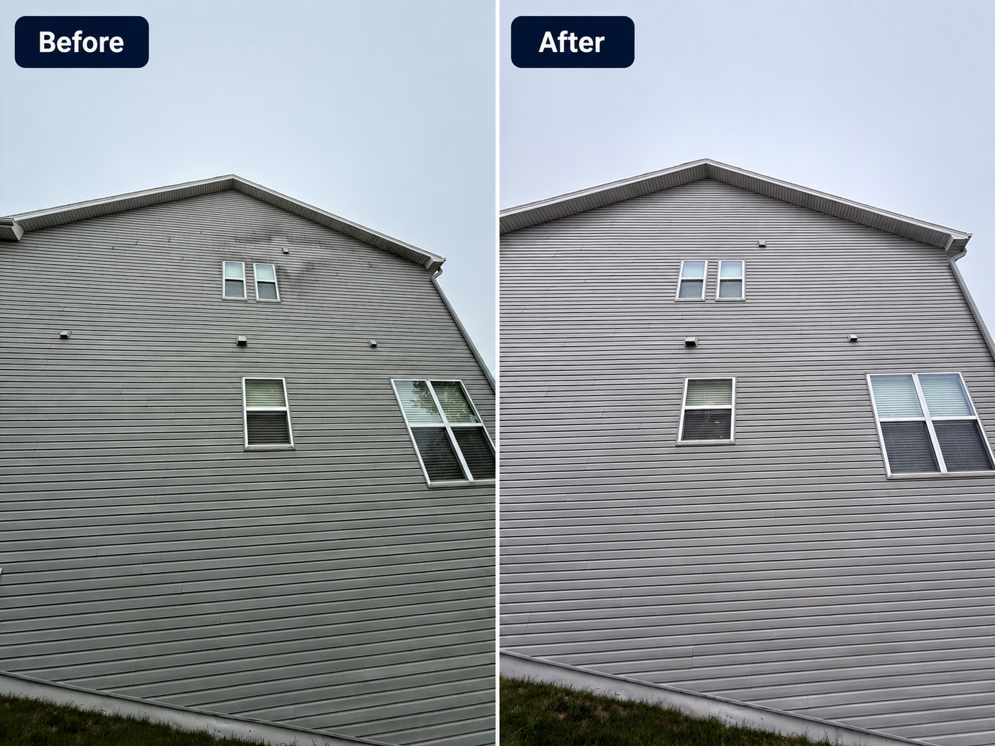 Before and after house wash on gray siding in Blaine, Minnesota